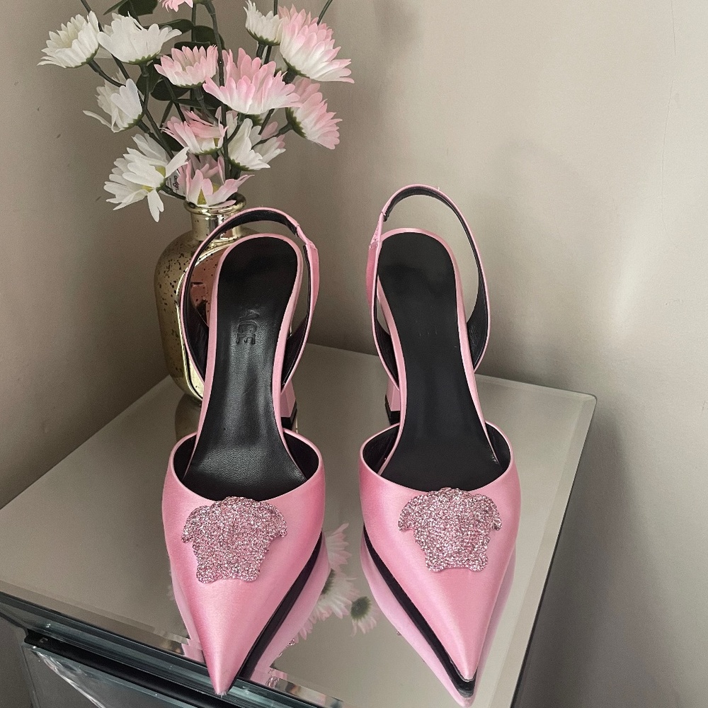 Versace sling back heel with rhinestone Medusa head